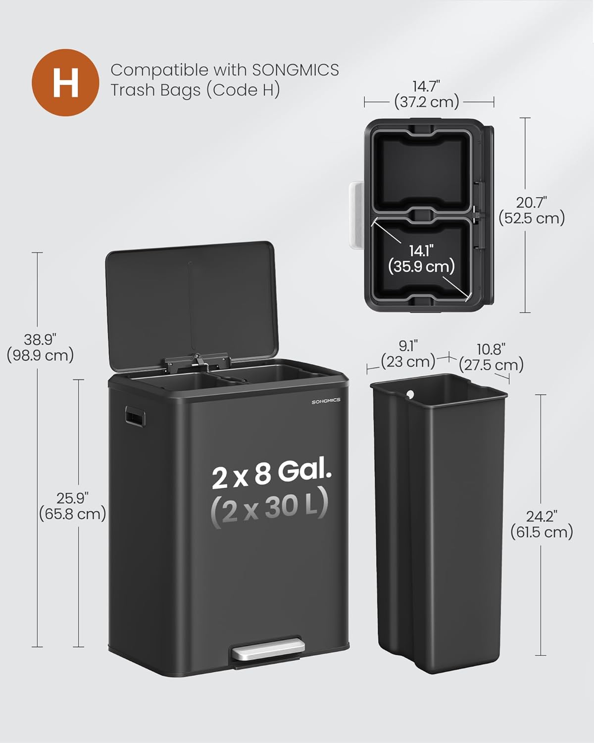 SONGMICS Trash Can, 2 x 8 Gallon (2 x 30 L) Double Garabge Can for Recycling and Waste, Stainless