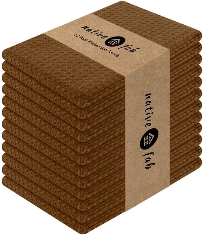 Native Fab Waffle Weave Dish Towels 12 Pack 100% Cotton, 16x26 Inches, Super Absorbent, Quick Dry
