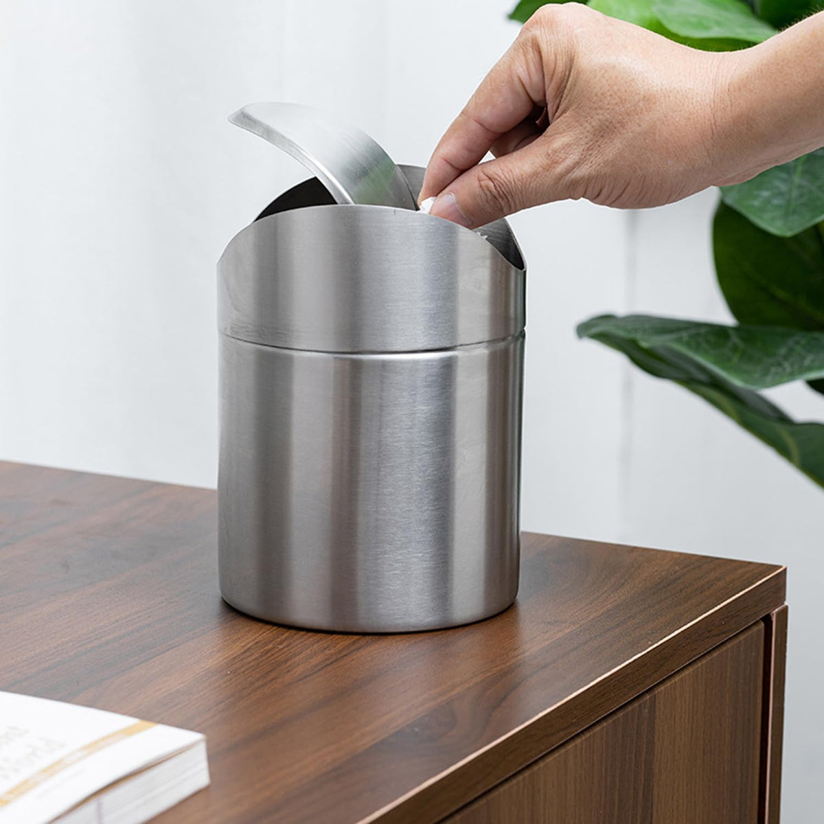 Mini Trash Can, Tiny Desktop Trash Bin with Swing Lid, Stainless Steel Bathroom Countertop Garbage