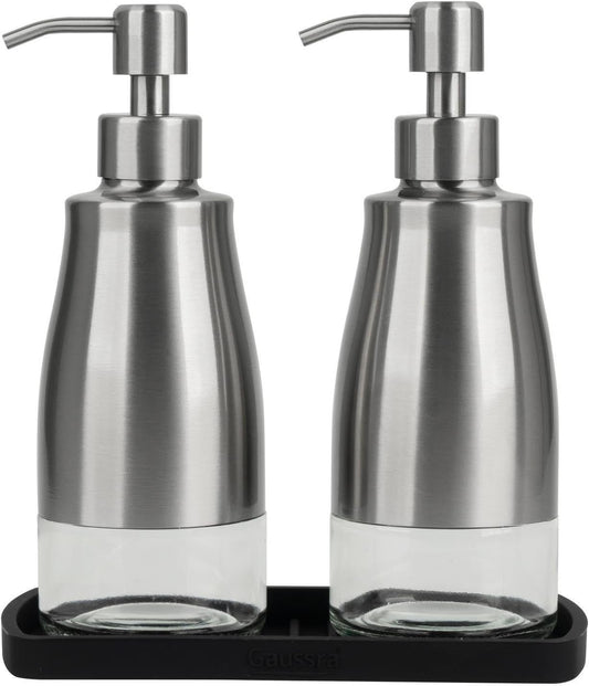 Gaussra Kitchen Soap Dispenser Set with Silicone Tray and Stickers - Brushed Nickel, Stainless