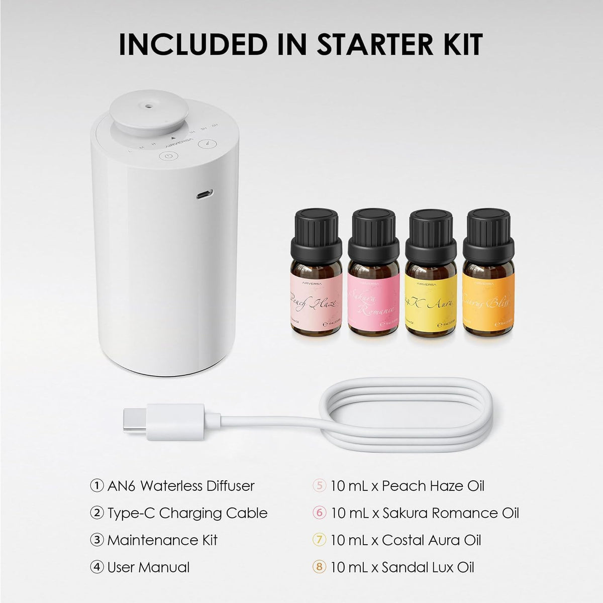 Airversa Waterless Essential Oil Diffuser Starter Kit with 4 x 10mL Fragrance Scent Oil, Battery