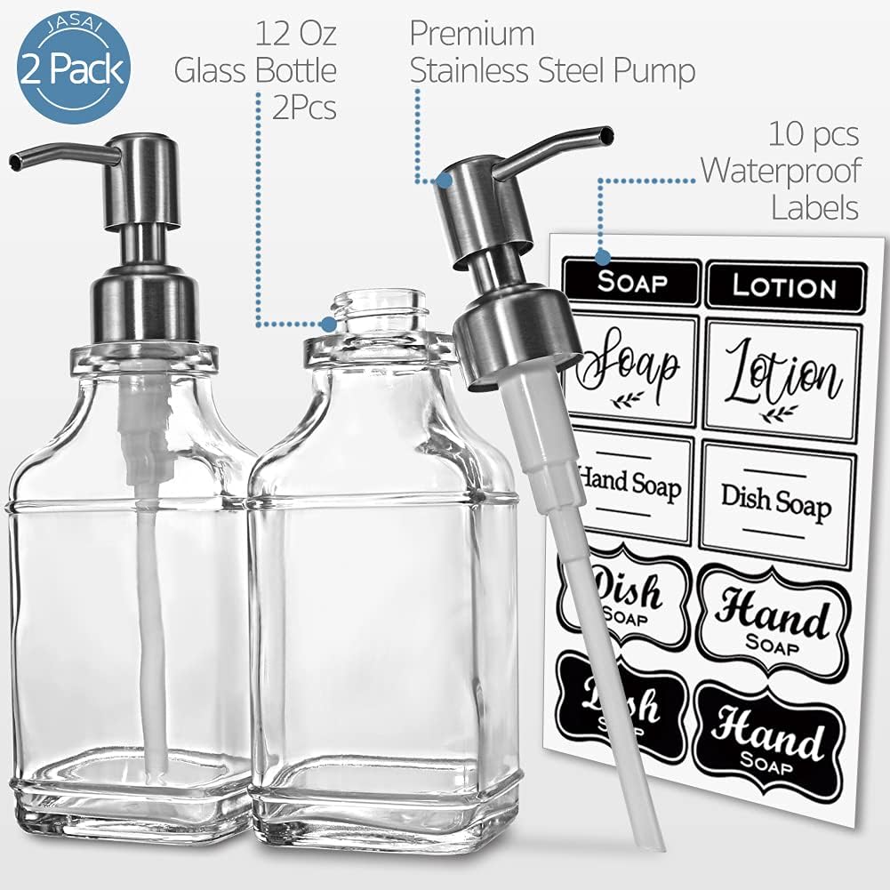 JASAI 2Pack Antique Design Glass Soap Dispenser with Rust Proof 304 Stainless Steel Pump