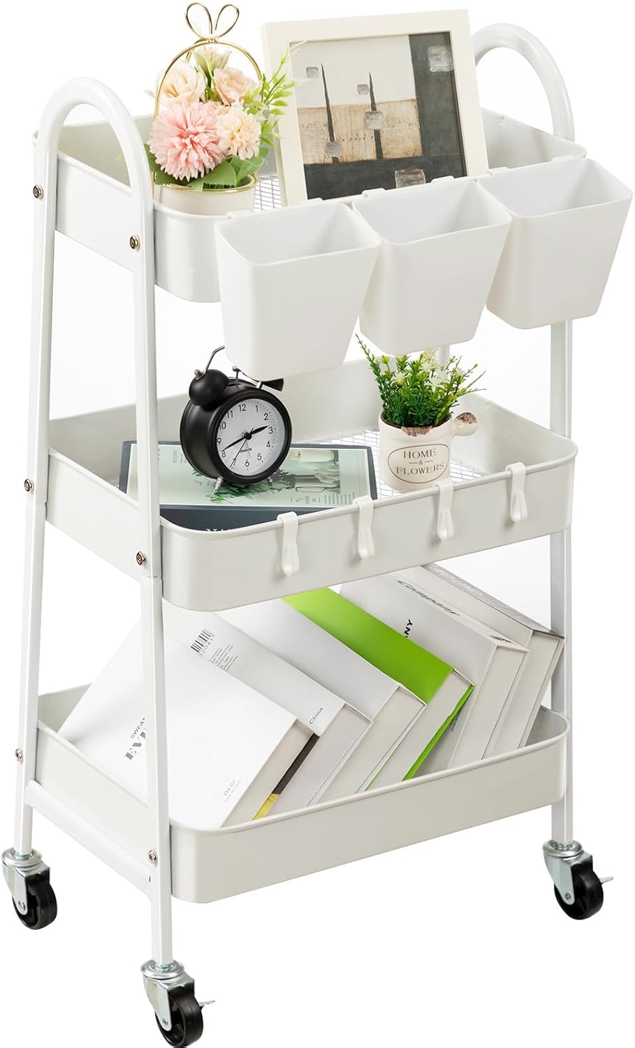 danpinera 3-Tier Rolling Cart, Metal Rolling Storage Cart with Lockable Wheels & Hanging Cups &