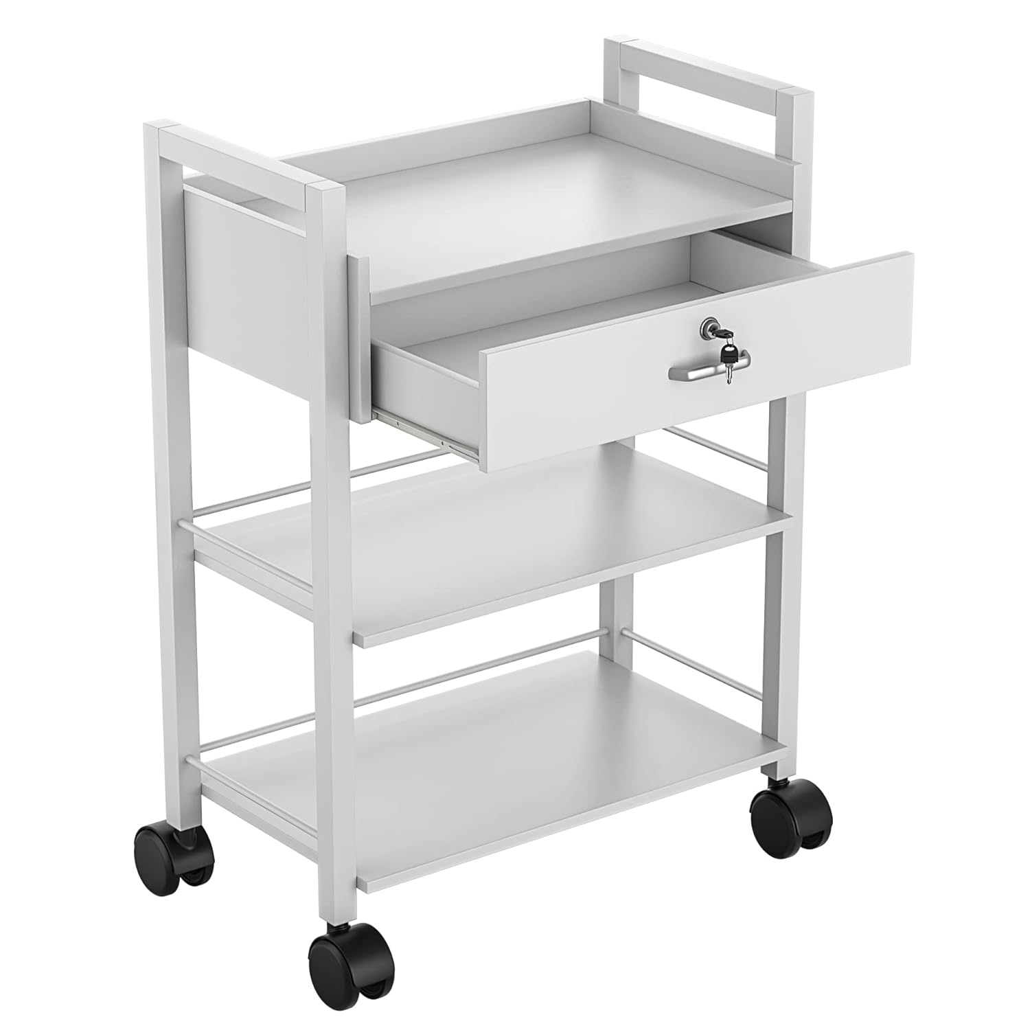 Paddie Salon Trolley Cart, Wooden Mobile Utility Cabinet Lab Cart with 1 Drawer 2 Trays, Rolling
