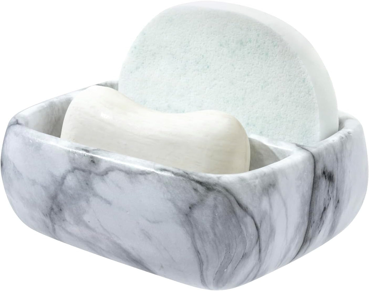 MyGift 5.4 Inch Deluxe Modern White Marble Pattern Resin Double Sponge Holder, Kitchen Sink