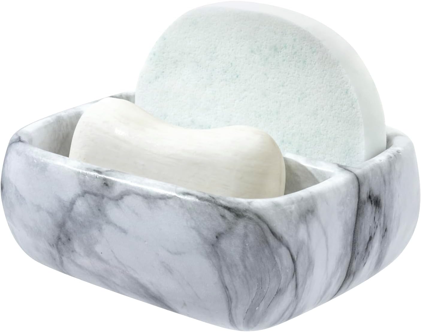 MyGift 5.4 Inch Deluxe Modern White Marble Pattern Resin Double Sponge Holder, Kitchen Sink
