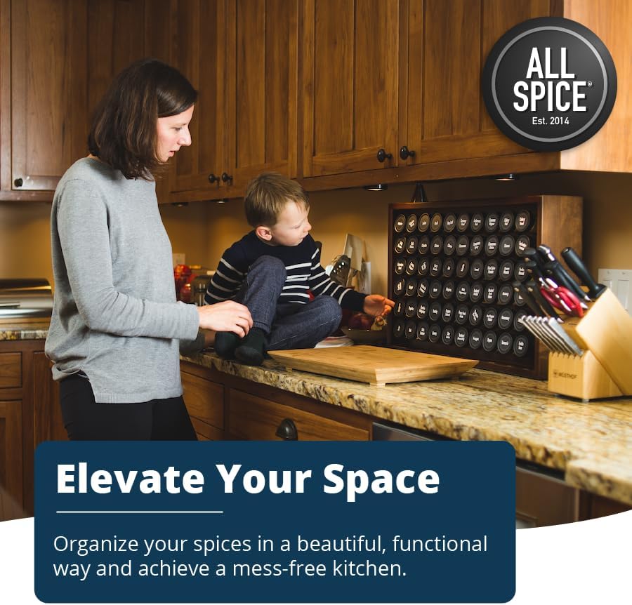 AllSpice Spice Rack Organizer, Wood, 525 Unique Labels, Countertop or Wall Mount, Includes 60 4oz