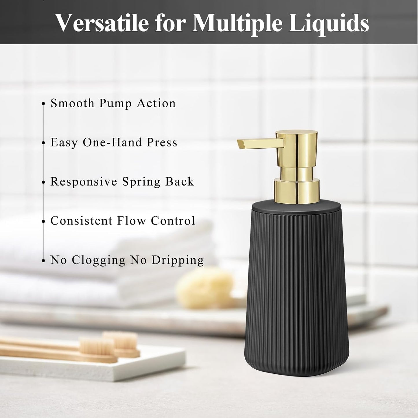 Black and Gold 2 Pack Hand Soap Dispensers with No Rust Pump for Bathroom and Kitchen Countertops