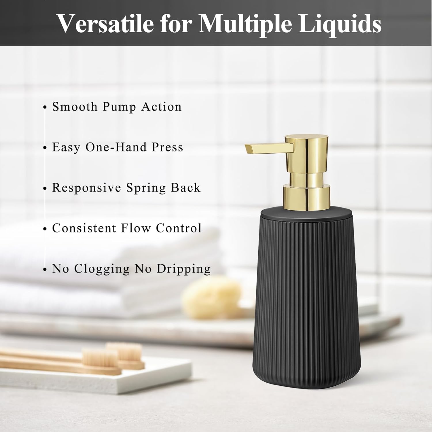 Black and Gold 2 Pack Hand Soap Dispensers with No Rust Pump for Bathroom and Kitchen Countertops