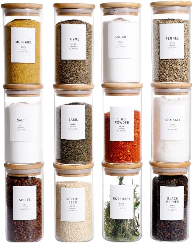 12 Pcs Glass Spice Jars With Bamboo Airtight Lids, 8oz Thicken(2.4mm) Spice Containers With 148