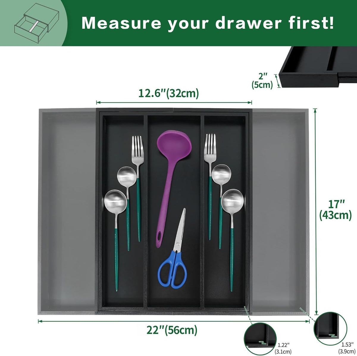 Utoplike Bamboo Drawer Organizer Kitchen Utensils, Adjustable Black Silverware Holder and Cutlery