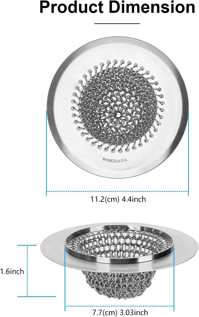 Sink Drain Strainer: Anti-Slip Flexible Chainlink, 304 Stainless Steel. Upgraded Clog-Free Kitchen