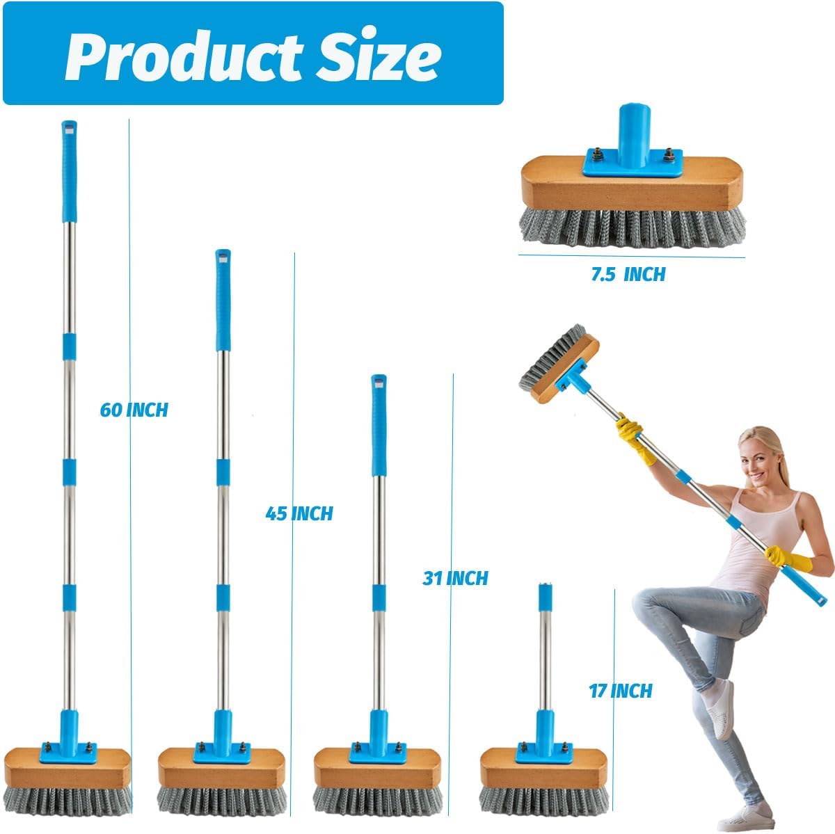 YONILL Stainless Steel Deck Scrub Brush with Long Handle - 60" Heavy Duty Floor Scrubber Brush with