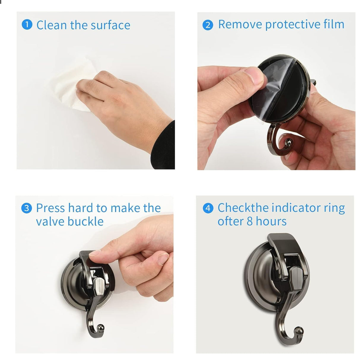 Suction Cup Hooks for Shower, 4 Pack, Bathroom, Kitchen, Glass Door, Mirror, Tile – Loofah, Towel