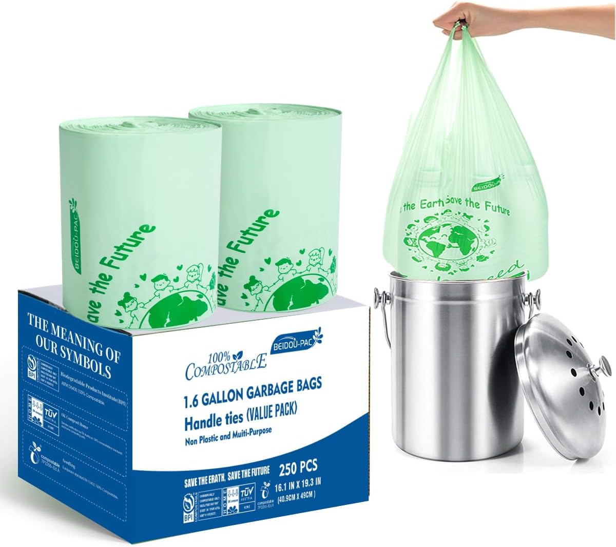 1.6 Gallon Compostable Trash Bags with Handle, 250 Count Small Compost Bags, Biodegradable Kitchen
