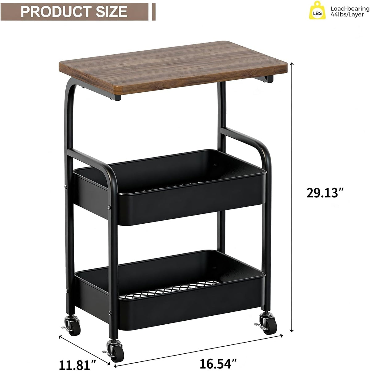 Rolling Cart with Wooden Tabletop 3-Tier Metal Utility Rolling Cart Storage Organizer with Lockable
