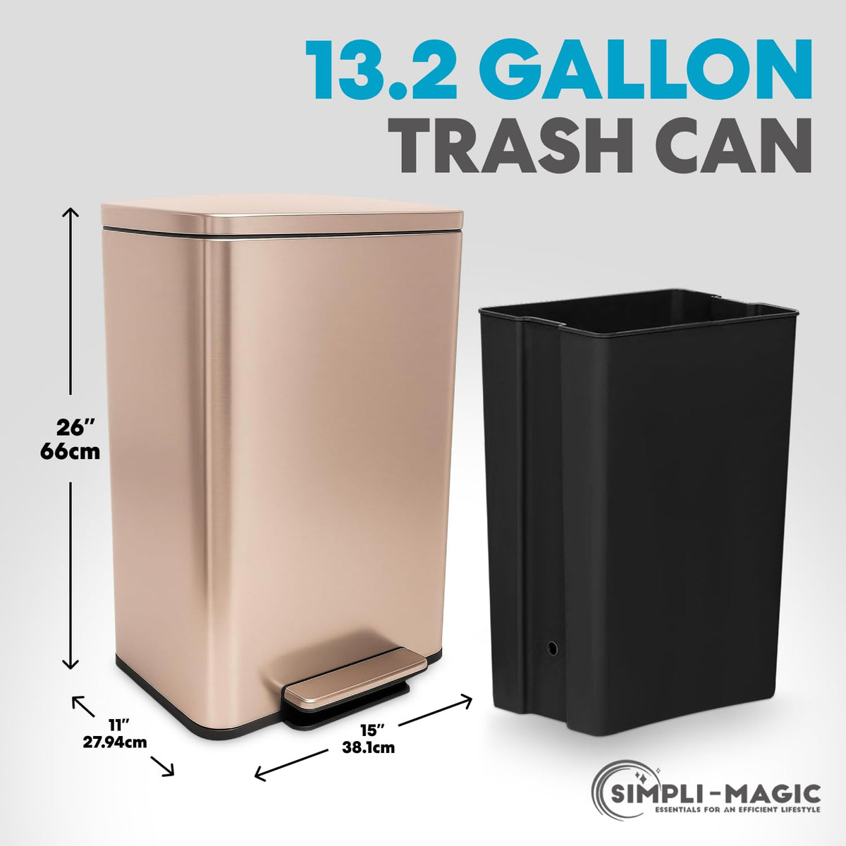 SIMPLI-MAGIC 13.2 Gallon (50L) Step Trash Can – Kitchen Garbage Can with Slow-Close Lid – Odor