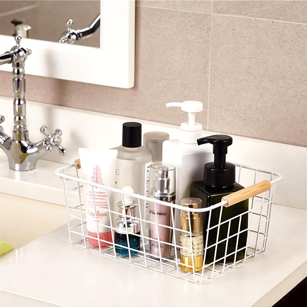 LeleCAT white wire baskets for organizing with Wooden Handles Storage Organizer Baskets, Household