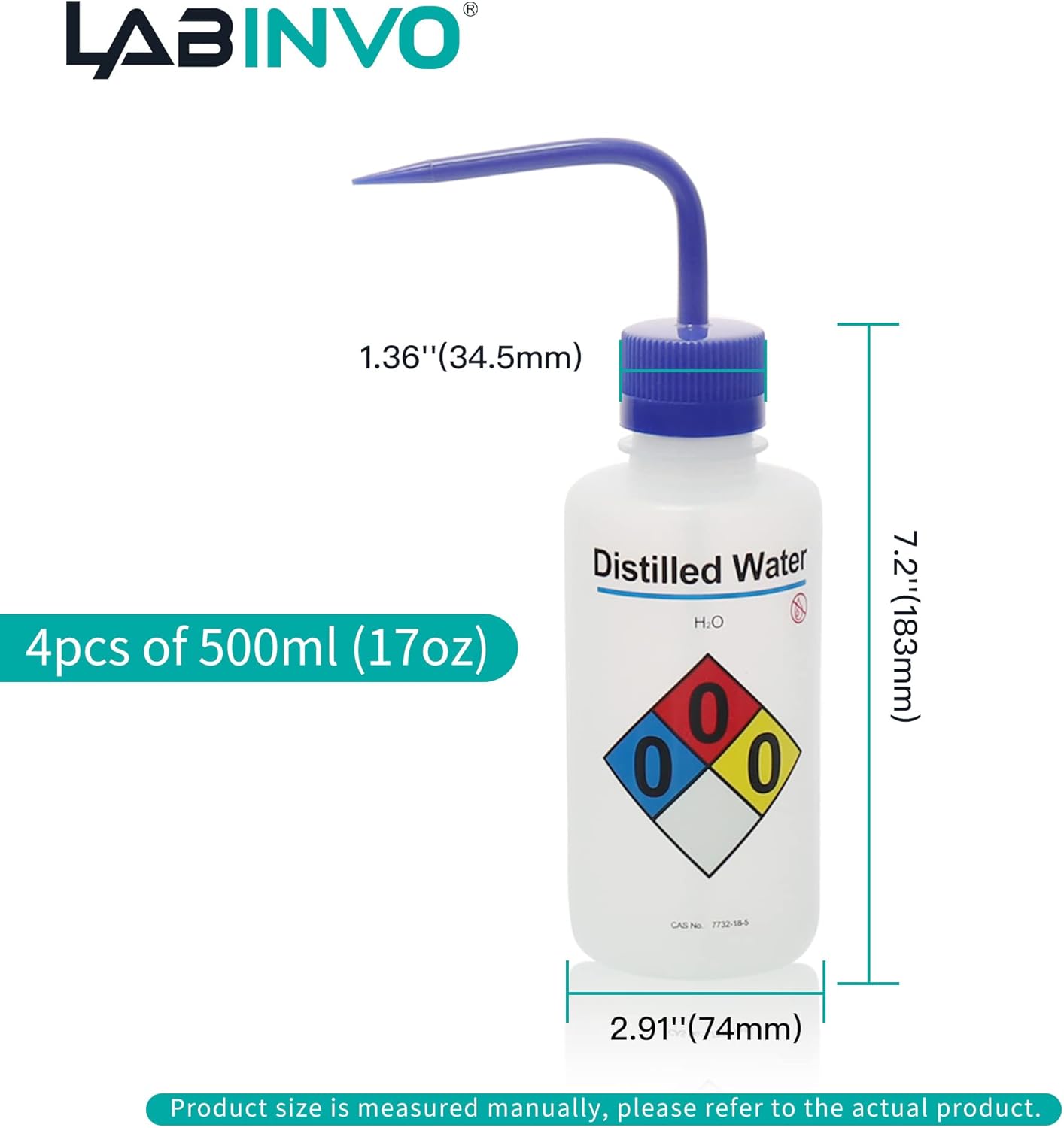 4pcs of Distilled Water Wash Bottles, Vol.500ml (17oz), Narrow Mouth, Self-Venting Safety Wash
