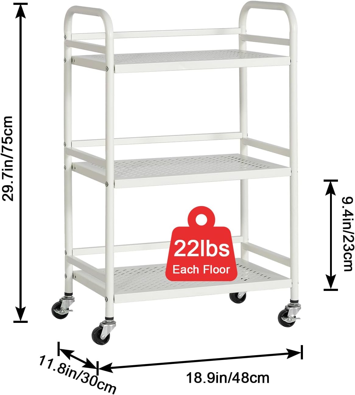HDANI 3 Tier Rolling Cart,Heavy Duty Multifunctional Metal Frame-Supports 22 Lbs Per Tier,Rolling