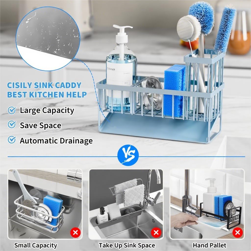 Cisily Sink Caddy Organzier with High Brush Holder, Sponge Holder for Sink, 304 Rustproof