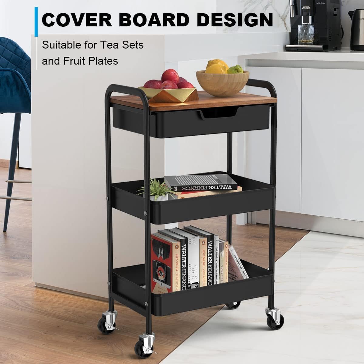 3 Tier Rolling Cart with Drawer, Metal Utility Cart on Wheels Storage Cart with Wood Top, Kitchen