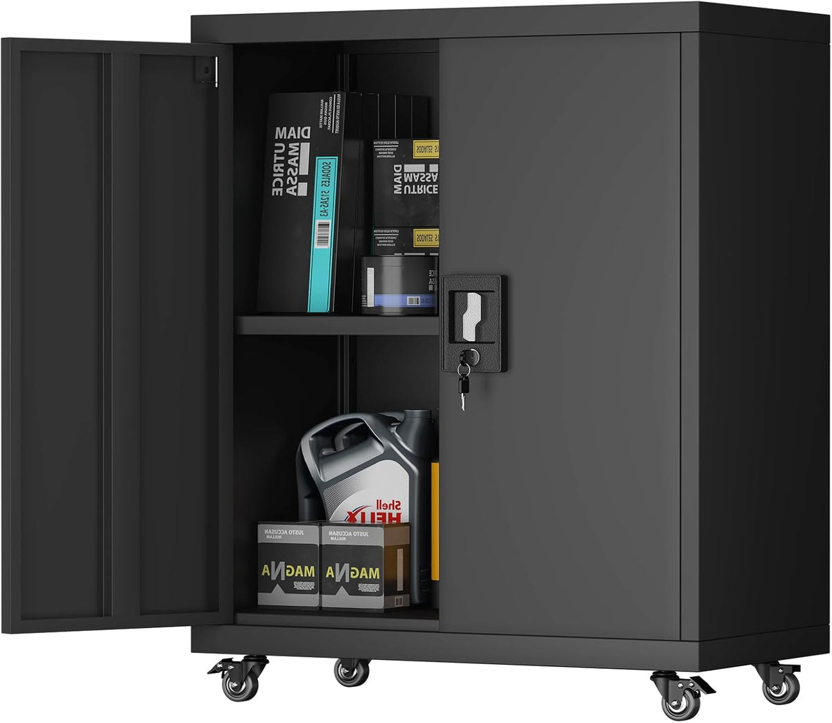 Metal Cabinet with Wheels, Steel Cabine with Locking Doors, Small Cabinet with 1 Adjustable Shelf