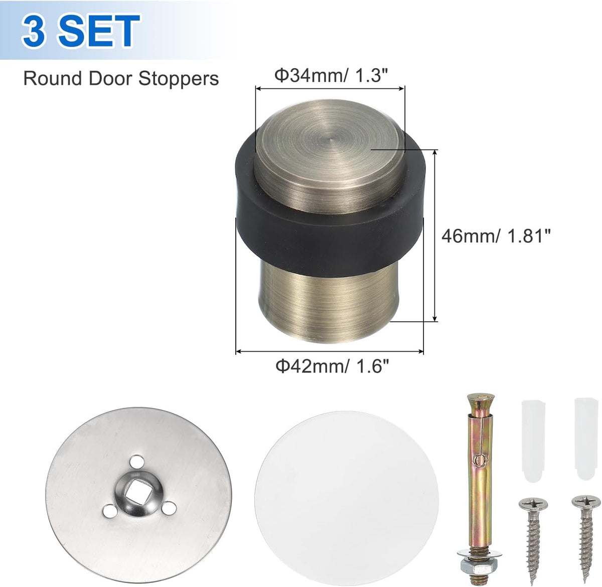 PATIKIL 3Set Round Door Stoppers, 46mm Stainless Steel Door Stop Doorstop Wedge Metal Cylinder Self