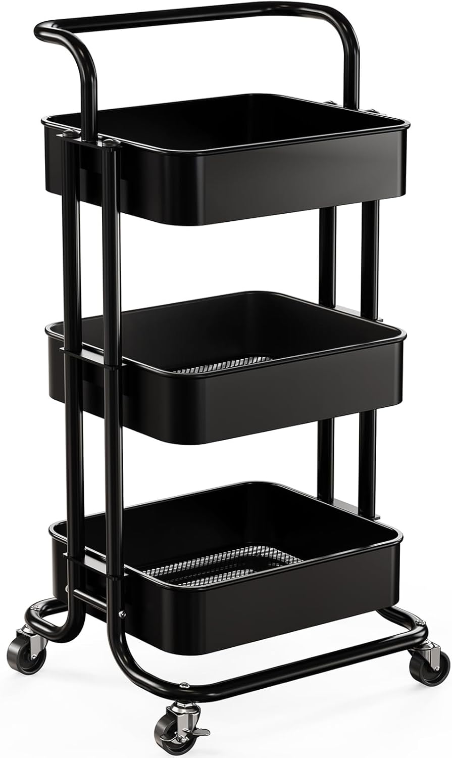 Pipishell 3 Tier Mesh Utility Cart, Rolling Metal Organization Cart with Handle and Lockable