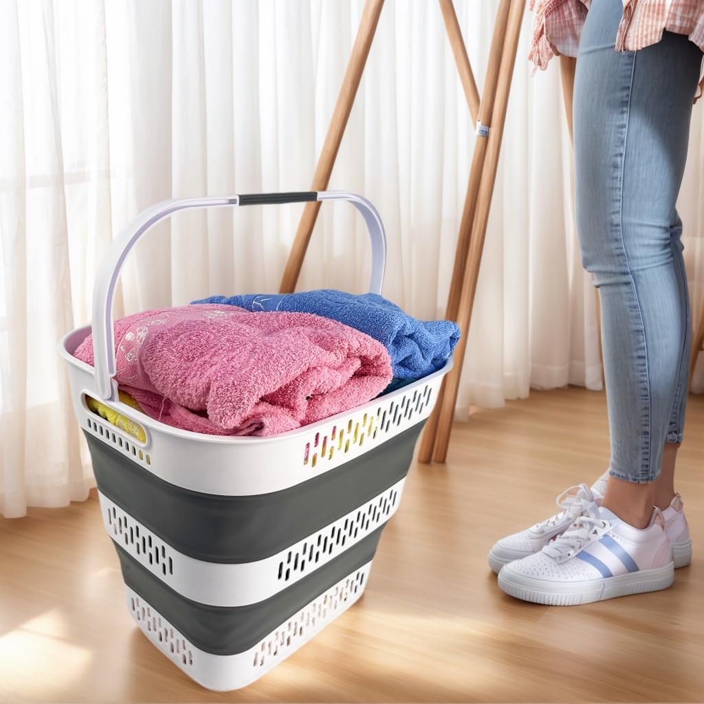 SAMMART 40L (10.5 Gallon) Collapsible Plastic Laundry Basket with Handles - Foldable Pop Up Storage