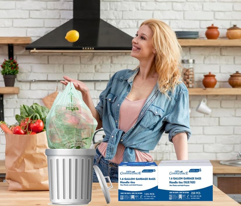 1.6 Gallon Compostable Trash Bags with Handle, 250 Count Small Compost Bags, Biodegradable Kitchen