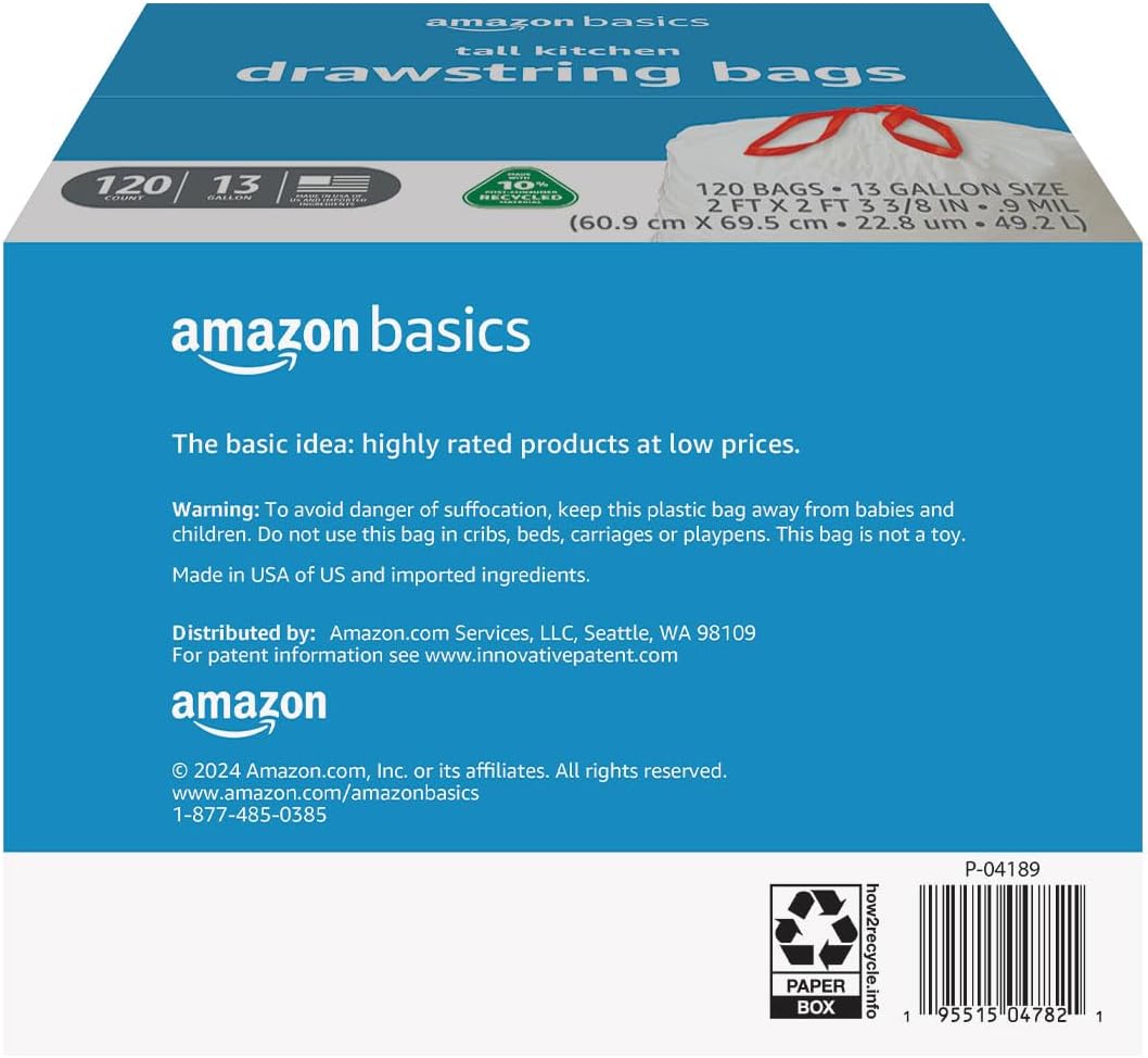 Amazon Basics 13 Gallon Tall Kitchen Drawstring Trash Bags, Unscented, 10% Post Consumer Recycled