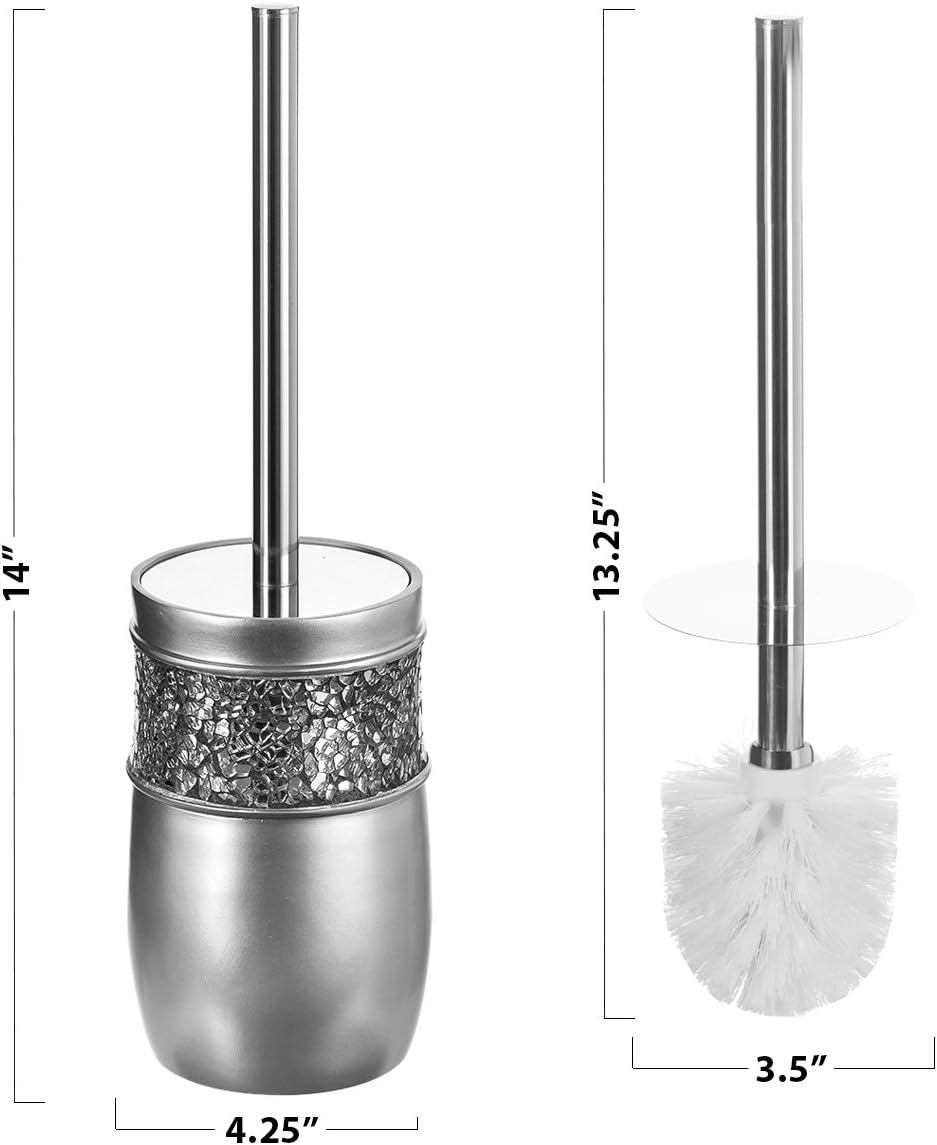Crackled Glass Toilet Brush with Holder - Silver Toilet Bowl Cleaner Brush and Holder - Good Grip