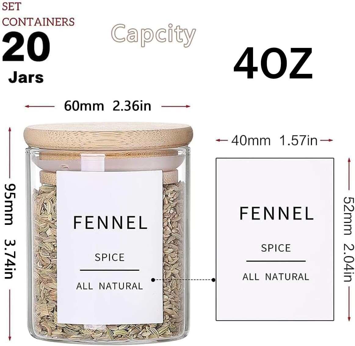 Glass Spice Jars with Bamboo Lids - 20 Pcs Thicken(2.4mm) 4oz Airtight Seasoning Containers with