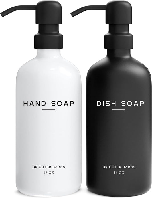 Luxury Glass Hand and Dish Soap Dispenser Set by Brighter Barns - Kitchen Soap Dispenser Set with