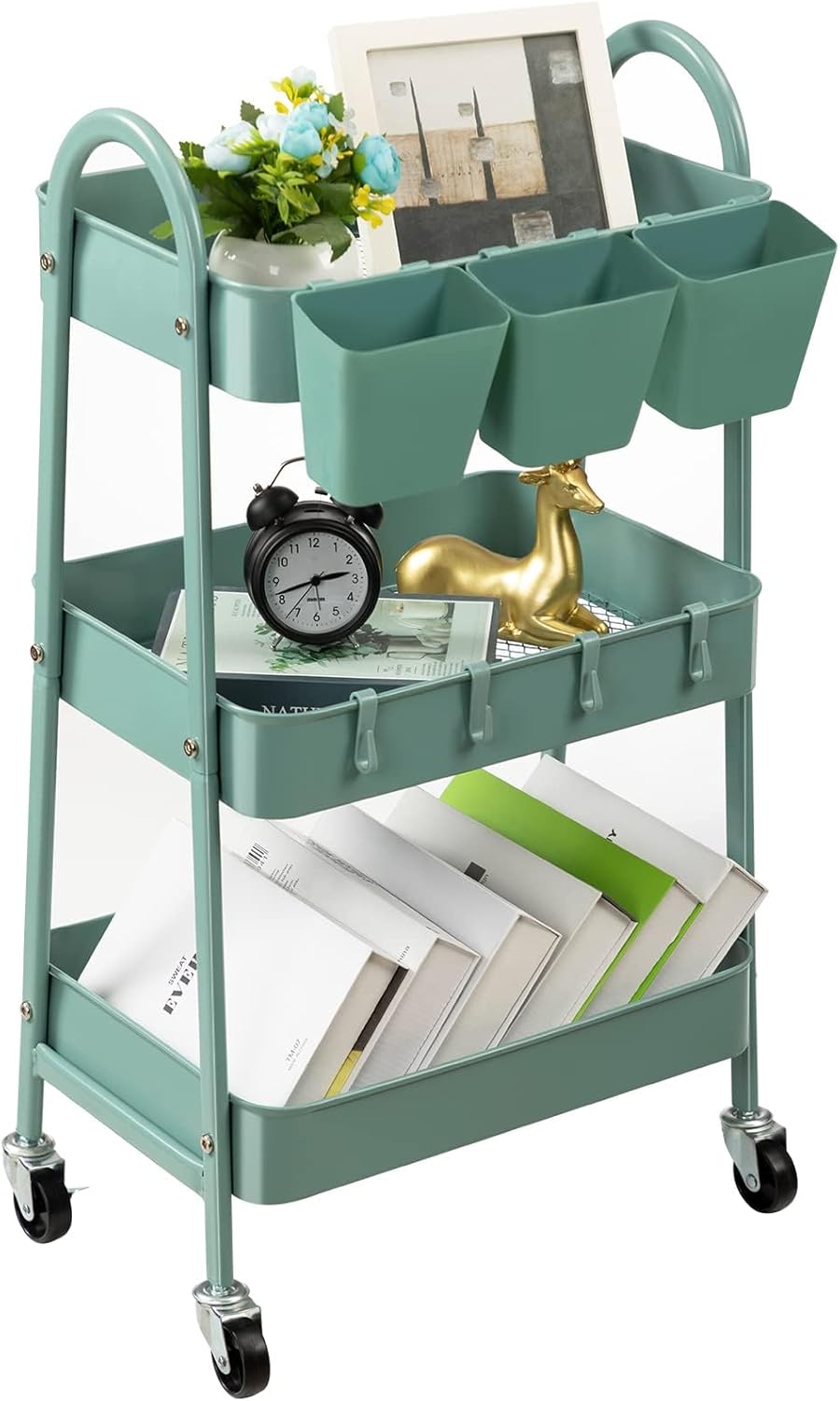 danpinera 3-Tier Rolling Cart, Metal Rolling Storage Cart with Lockable Wheels & Hanging Cups &