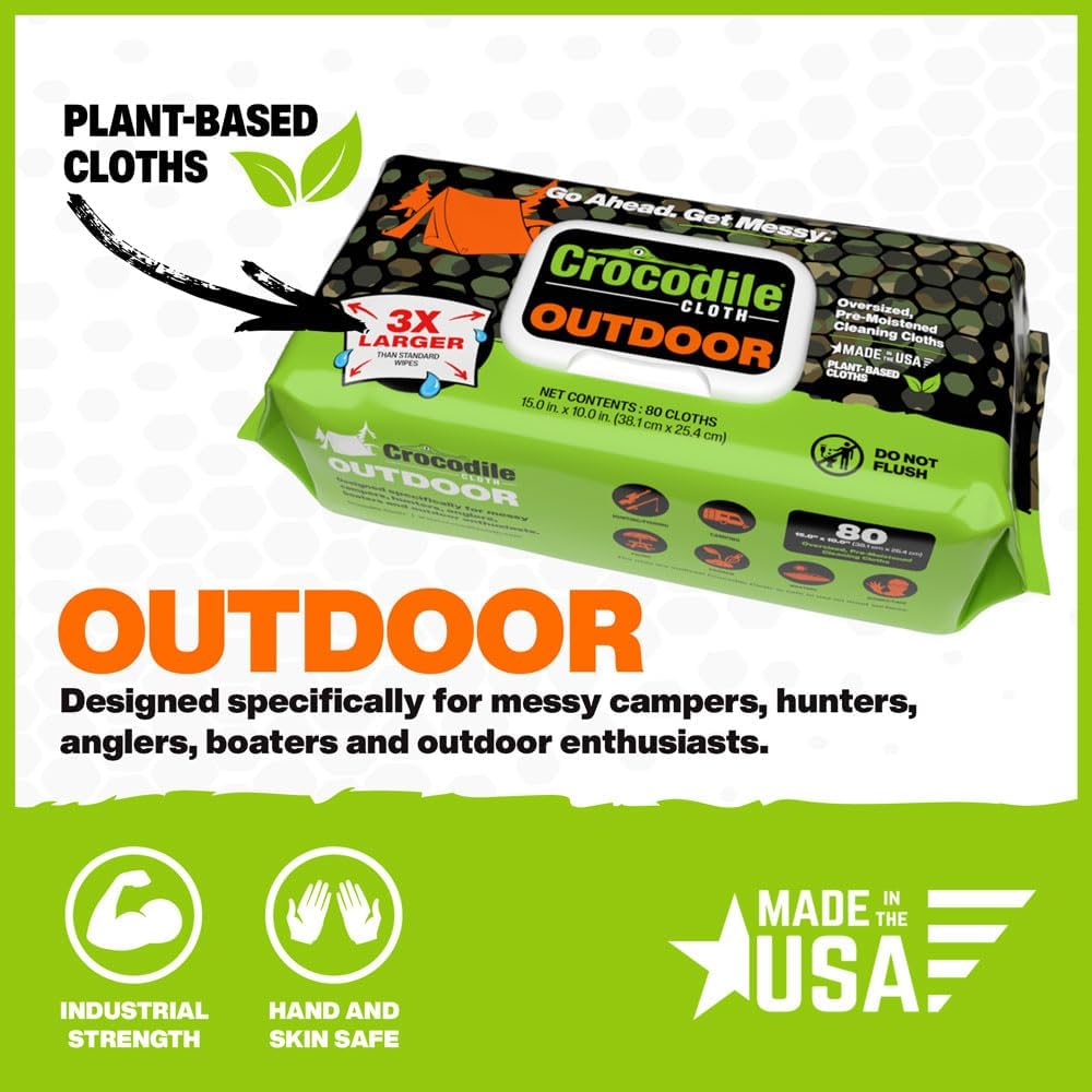 Crocodile Cloth Outdoor Cleaning Wipes – 8 Packs/640 Total Count Plant-Based Cloths (15"x10"), Skin