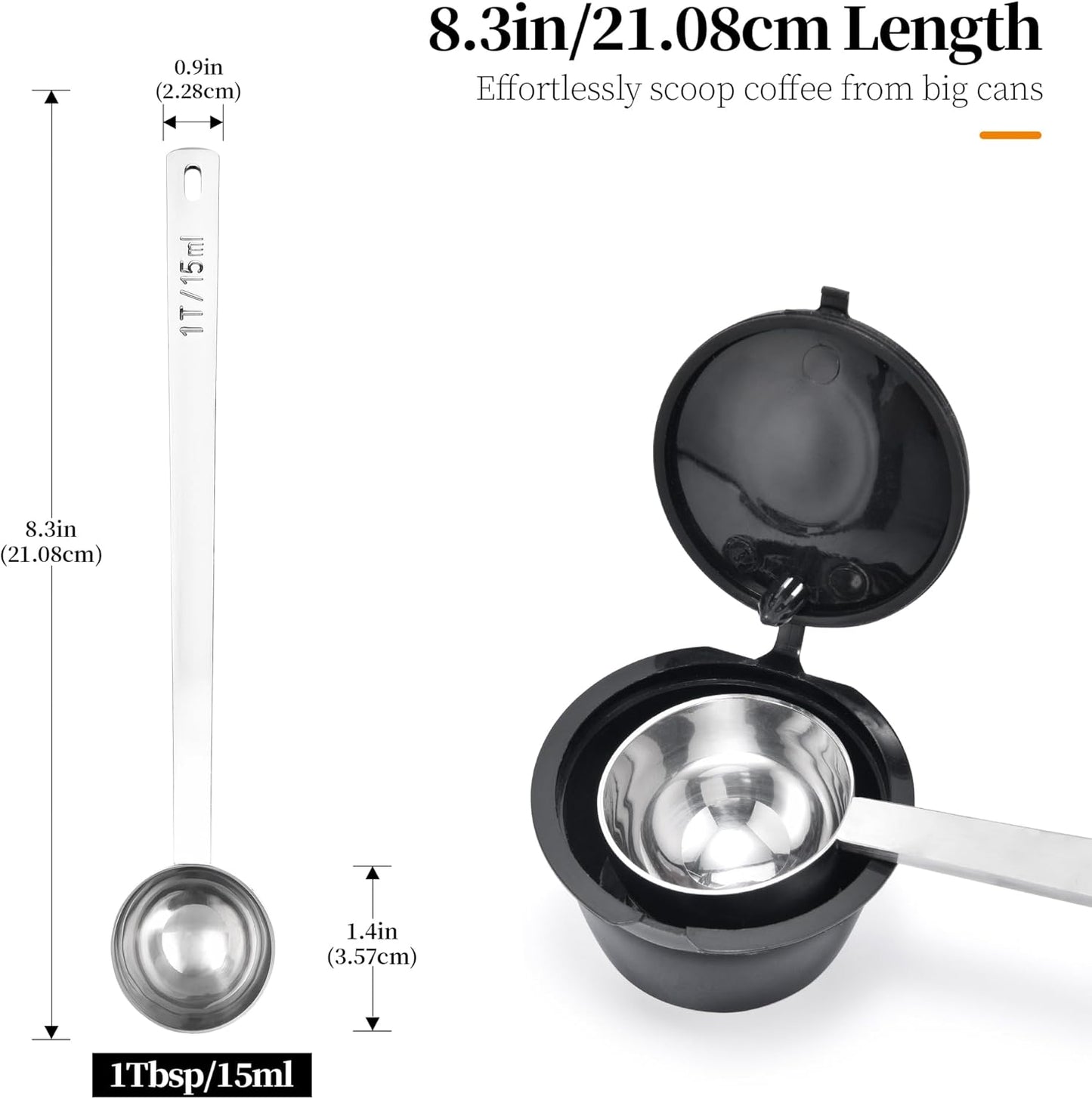 Long Handle Coffee Scoop: 8.3 Inch 18/8 Stainless Steel 1 Tablespoon Metal Measuring Spoon Tbsp