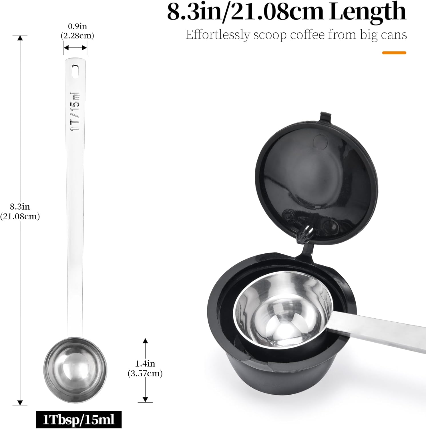 Long Handle Coffee Scoop: 8.3 Inch 18/8 Stainless Steel 1 Tablespoon Metal Measuring Spoon Tbsp