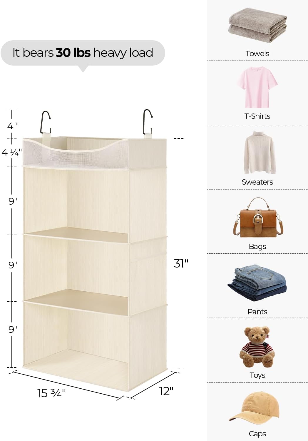 StorageWorks Hanging Closet Organizer, 3-Shelf Hanging Closet Shelves with Top Shelf, 15 ¾"W x 12"