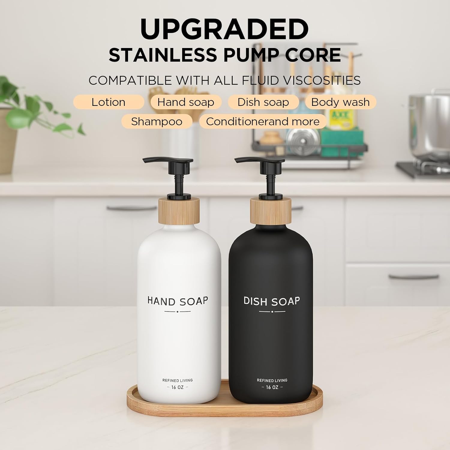 Hand and Dish Soap Dispenser Set,16oz Glass Bottles with Printed Labels, Bamboo Tray &