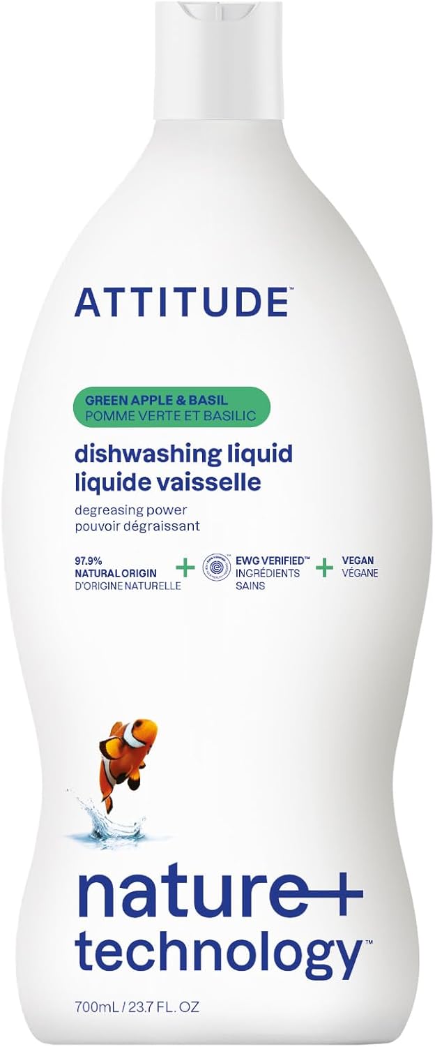 ATTITUDE Dish Soap, EWG Verified, Plant-Based & Vegan Dishwashing Liquid, Naturally Derived, Green