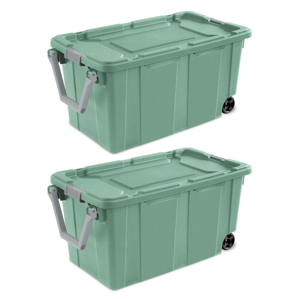 Ratiyae 40 Gallon Wheeled Industrial Tote, Rugged Plastic Storage Bin, Latch Lid, Light Green, 2
