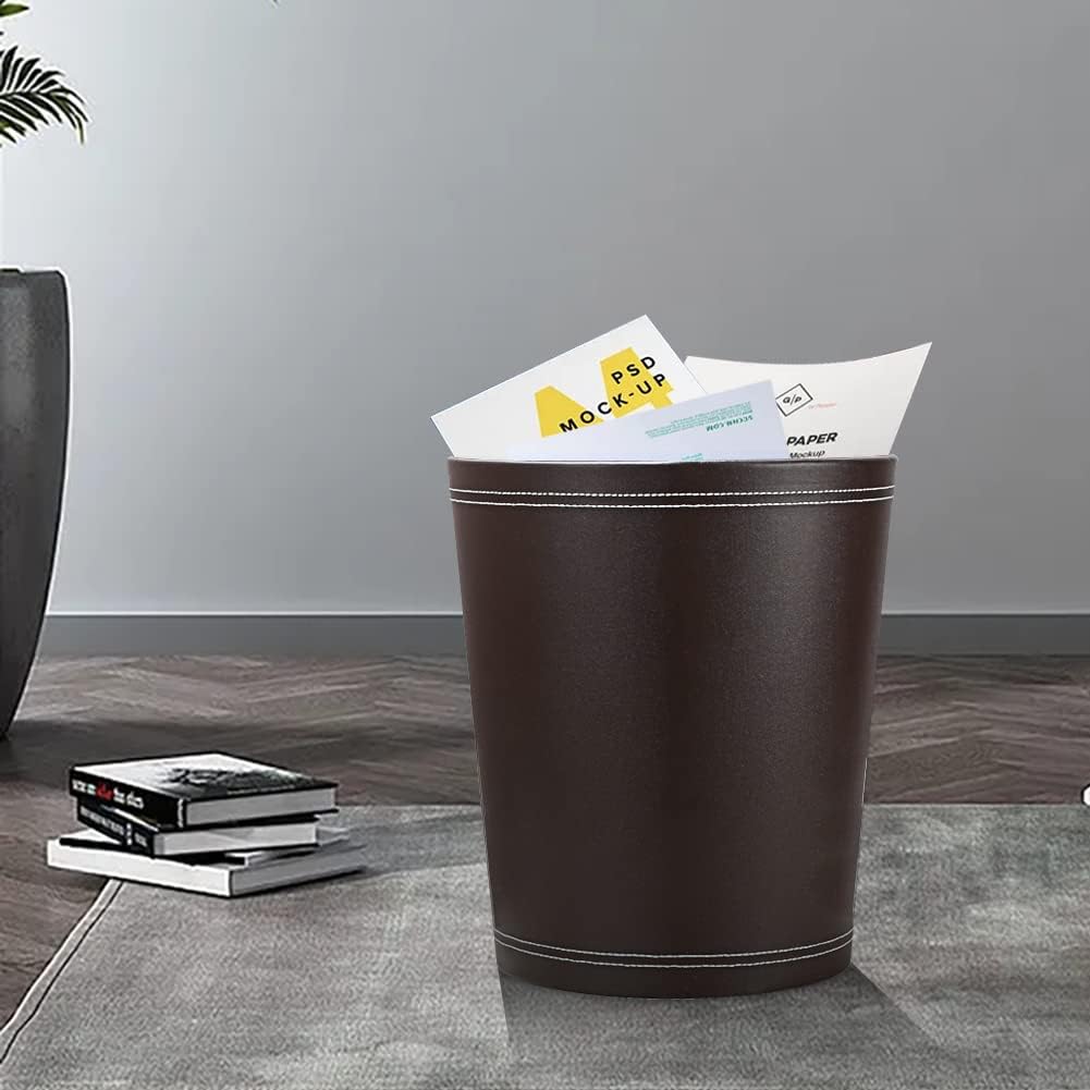 KINGFOM Classic Pu Leather Trash Can Wastebasket, Garbage Container Can for Bathrooms, Powder