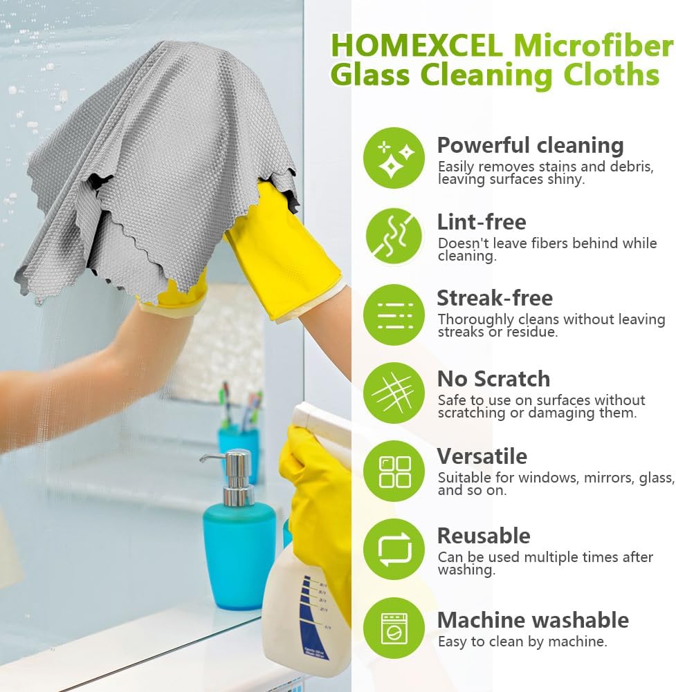 HOMEXCEL Grey Microfiber Glass Cleaning Cloths-6PK, 16"x14" Lint Free Window Cleaning Cloth
