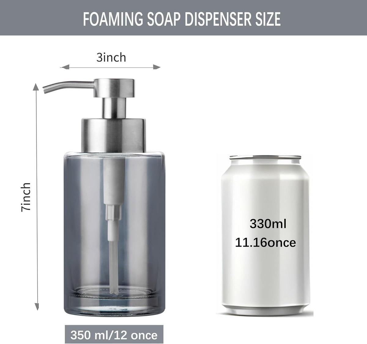 Enra Foaming Soap Dispenser, 12oz Thick Glass Body with Stainless Steel Pump, Bathroom & Kitchen
