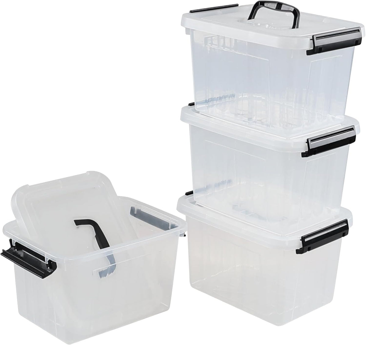 4 Packs Plastic Stackable Storage Container Bin with Lid and Latch, Plastic Latching Box with
