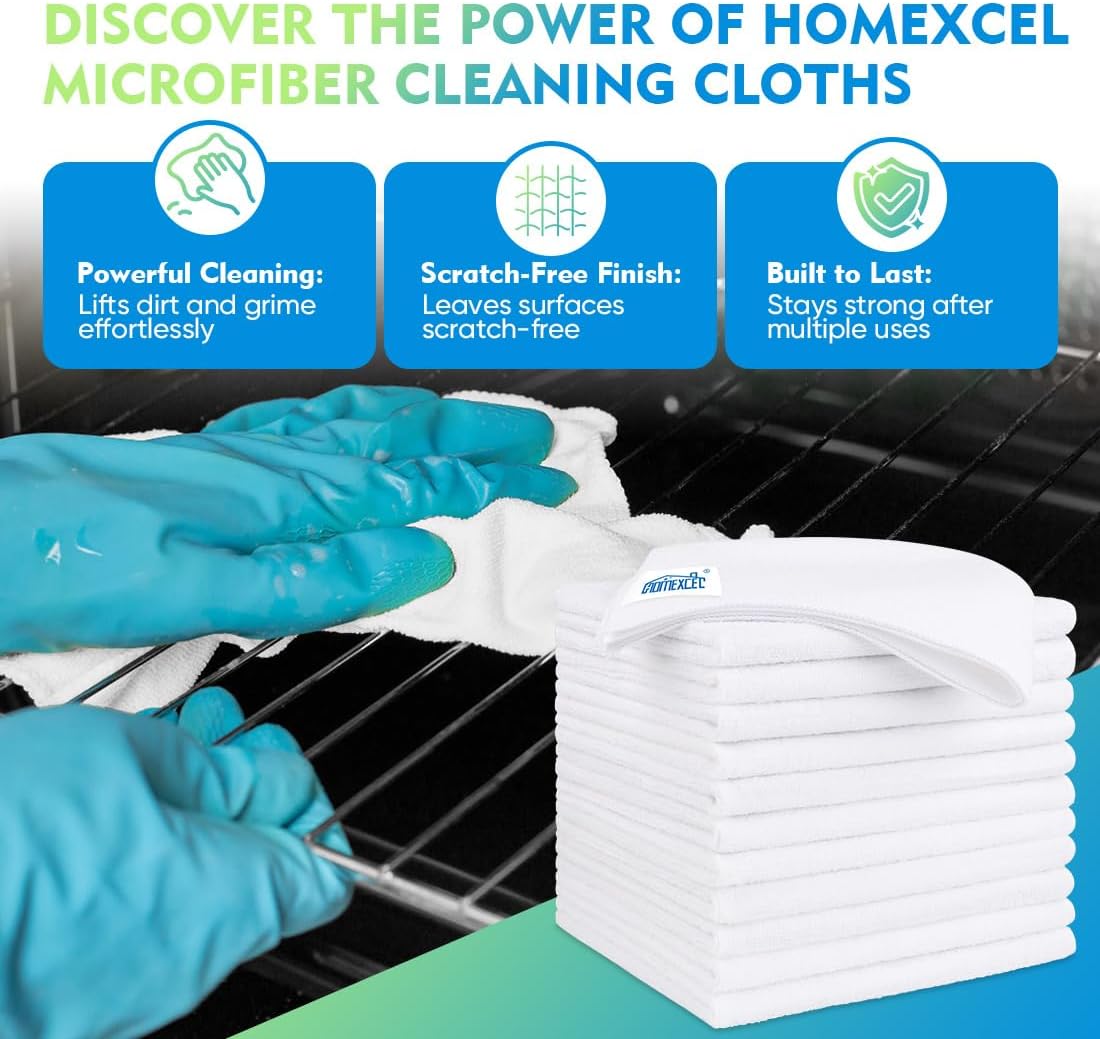 HOMEXCEL White Microfiber Cleaning Cloth 12 Pack, 12.5 x 12.5 inch Microfiber Towels for Cars