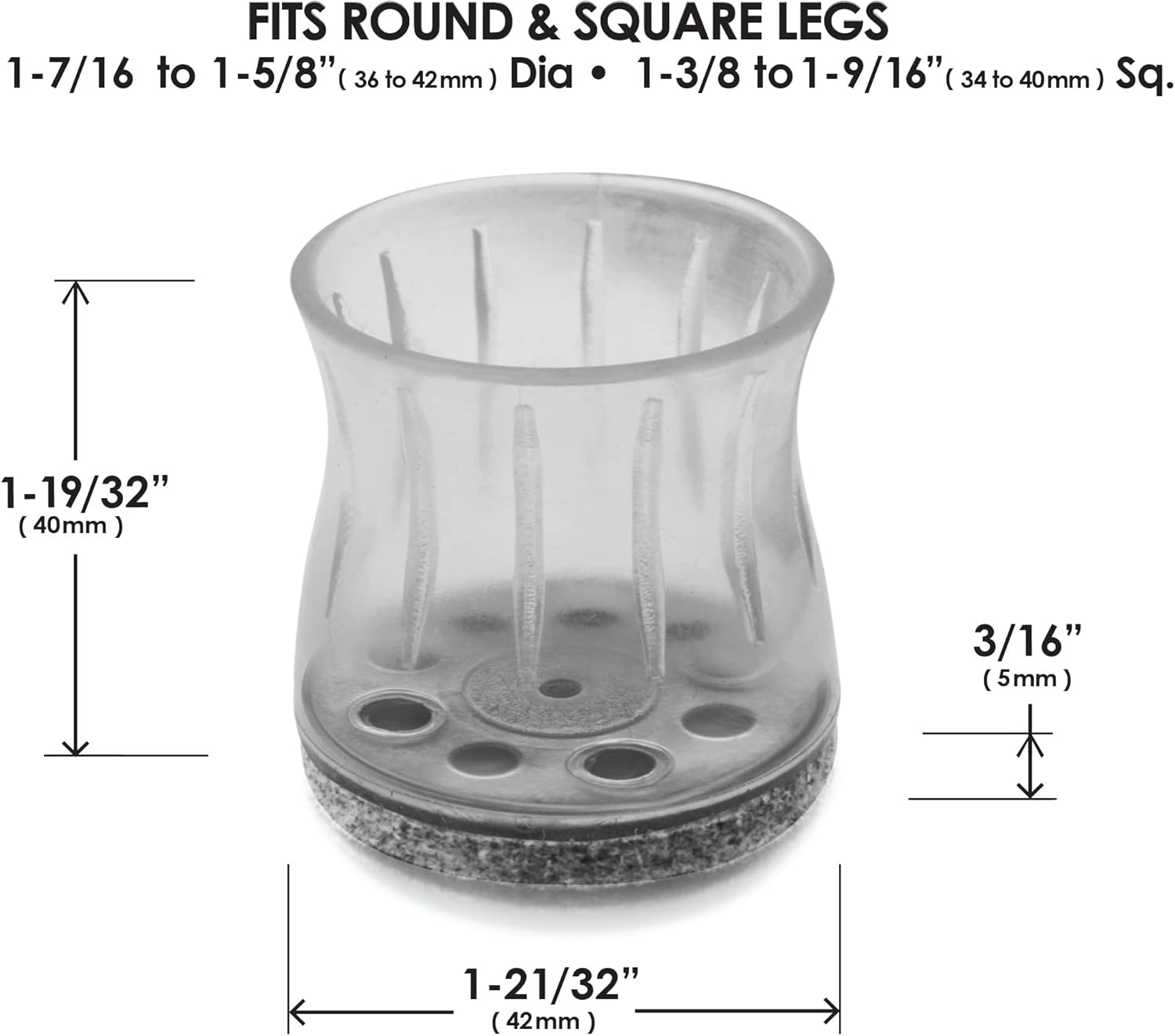Slipstick GorillaFelt Chair Leg Floor Protectors for Hardwood Floors, Clear Sleeve Felt Pads for