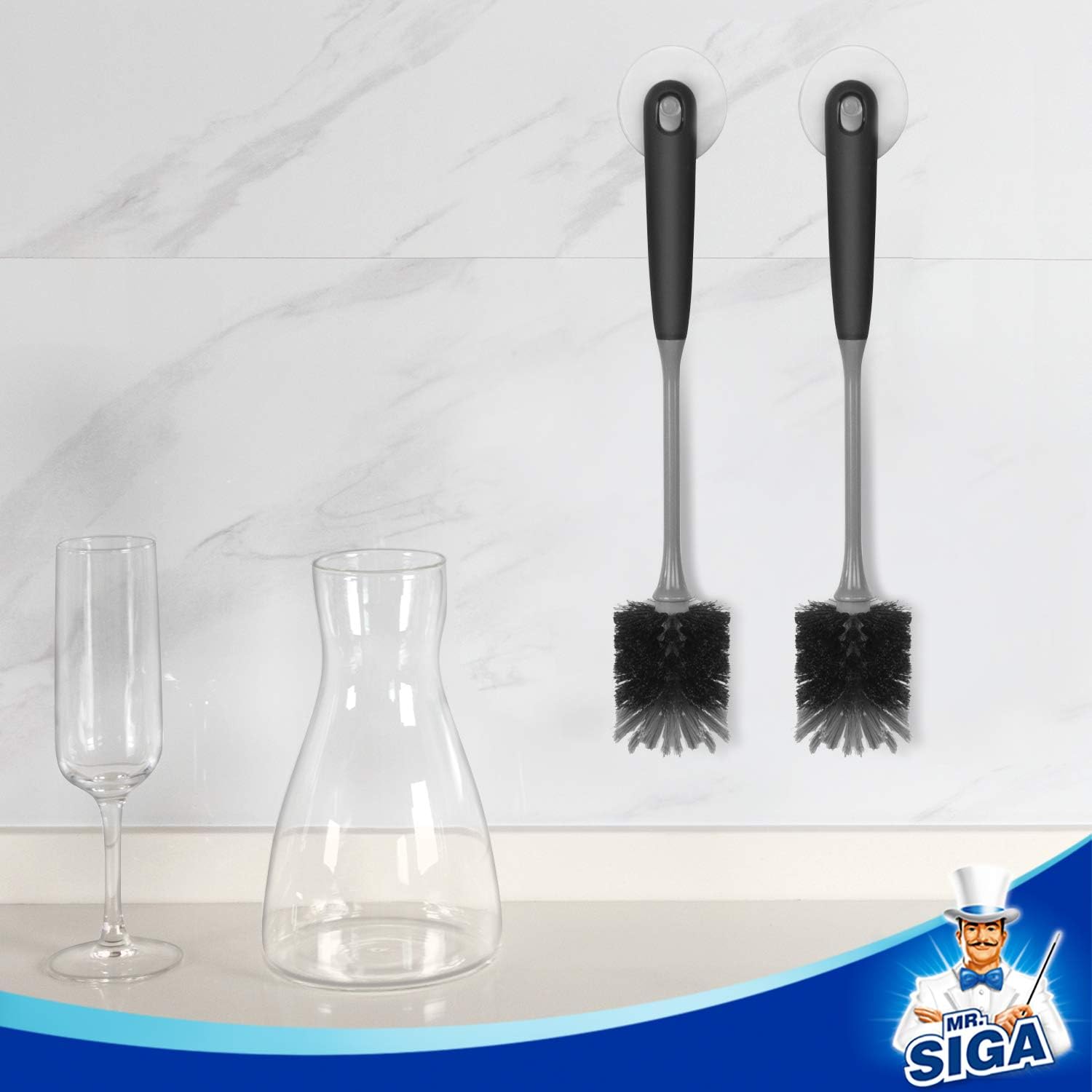 MR.SIGA Long Handle Bottle Brush, Flexible Scrub Brush for Water Bottles, Glasswares, Mugs, Black